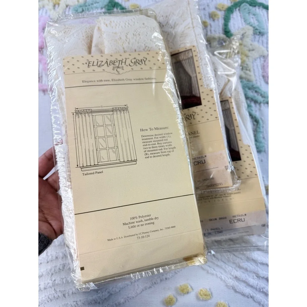 Vintage Elizabeth Gray Lyla Tailored Lace Curtains 60x30 Ecru 3 Panels NOS
